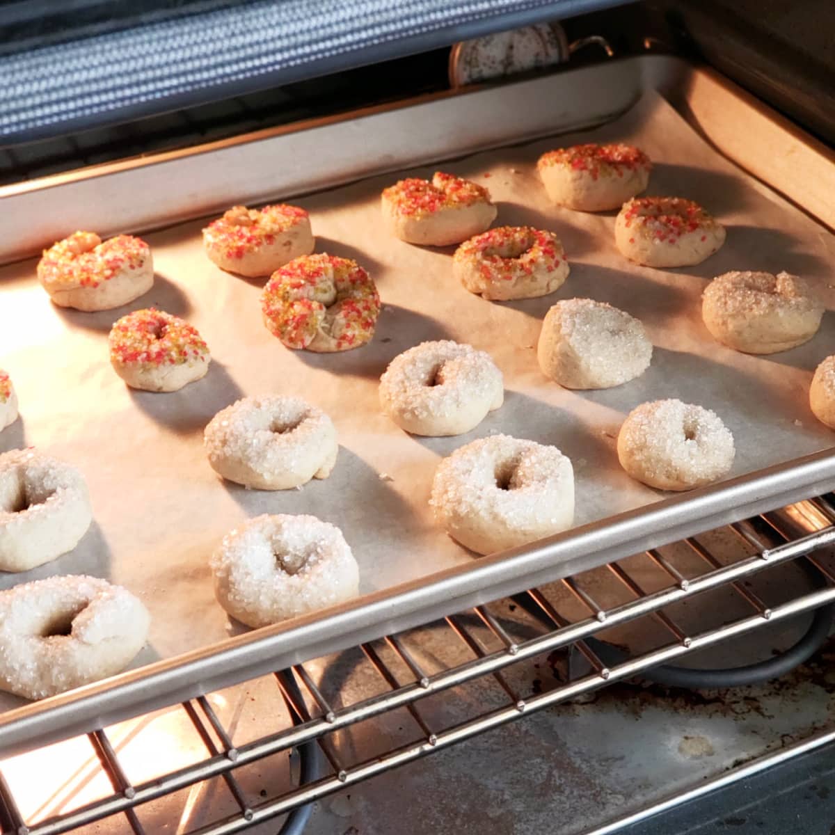 A baking sheet full of donut-shaped Taralli cookies with color sugar on top, in the oven