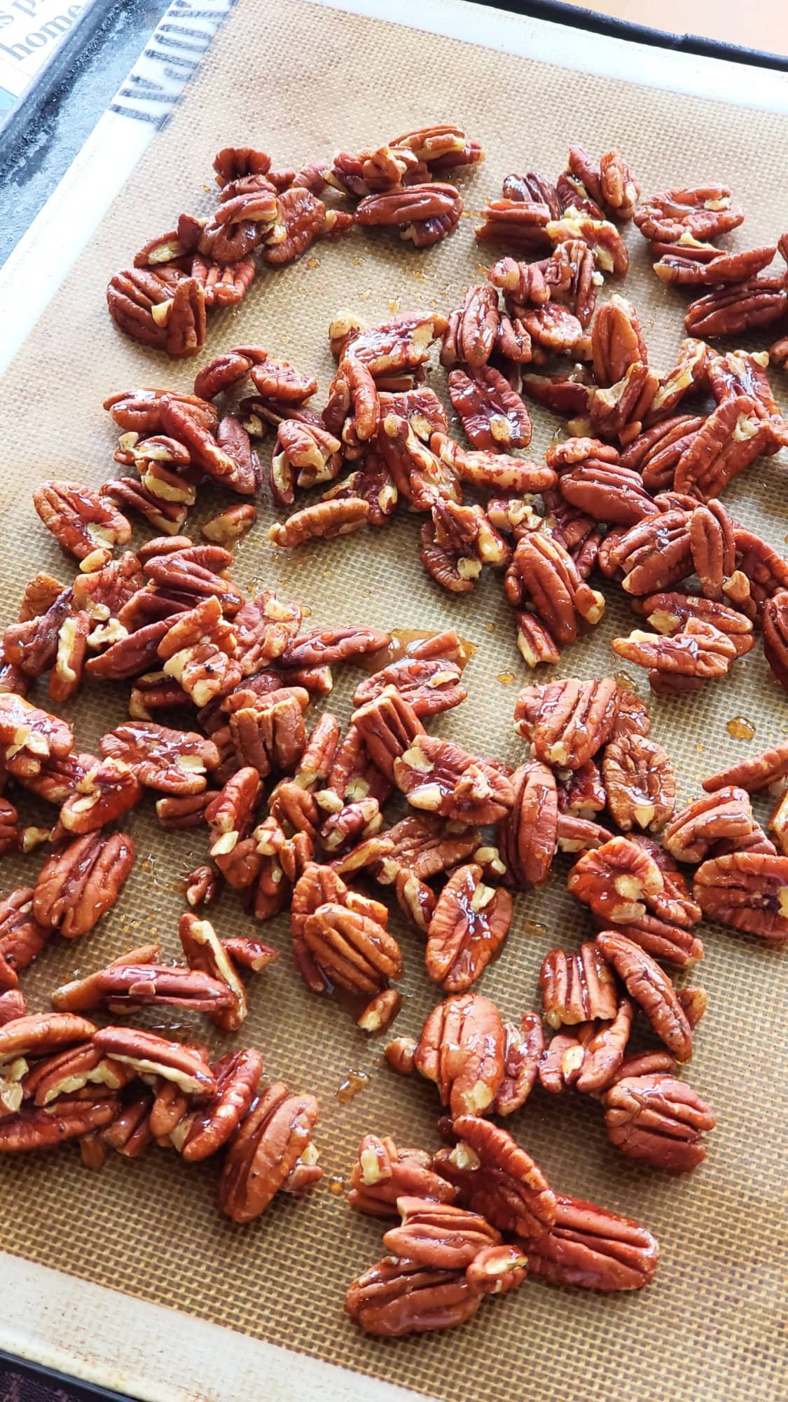 Maple Glazed Pecans on a silpat baking mat