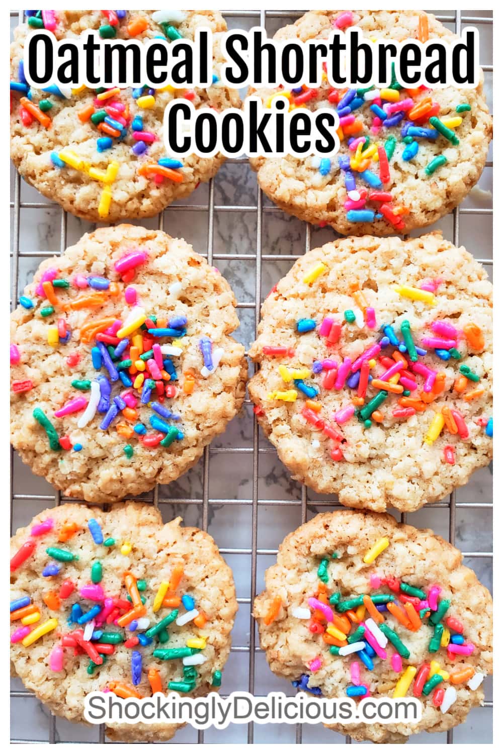 6 colorful Oatmeal Shortbread Cookies on a cooling rack with words superimposed on top