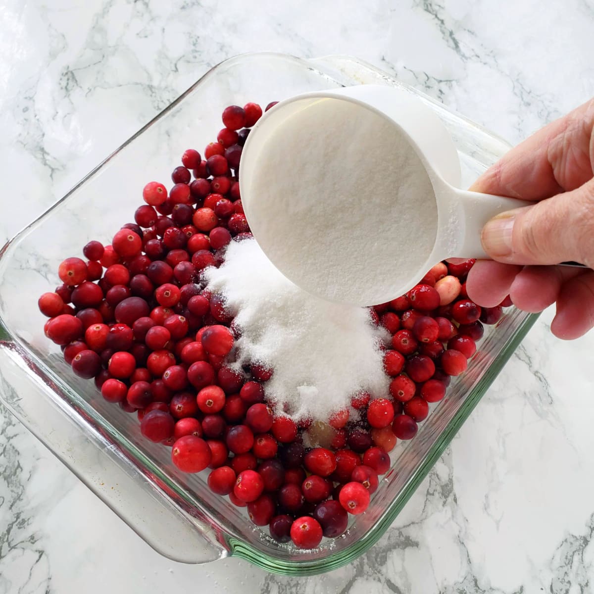 Hand holding white measuring cup of sugar pours sugar into glass baking dish with cranberries on ShockinglyDelicious.com