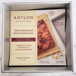 Anolon 9-inch square baking pan showing label inside