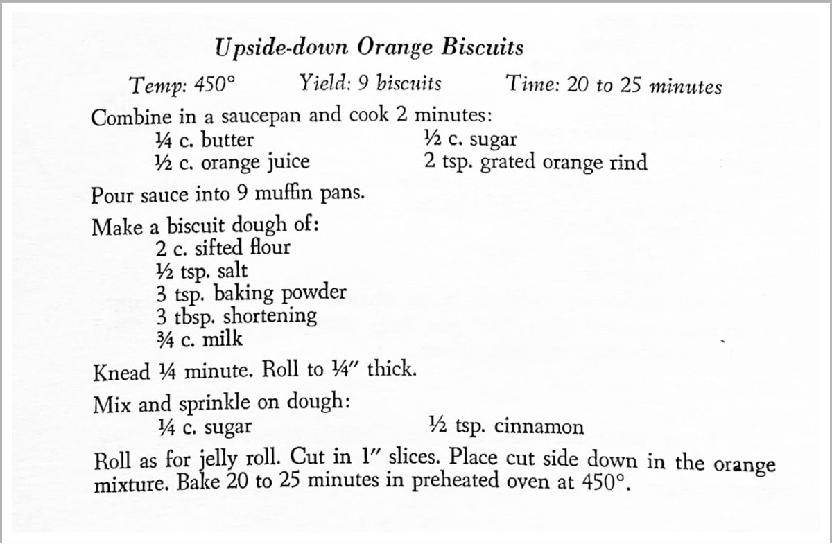 Recipe for Updside-down Orange Biscuits from a 1951 school district cookbook