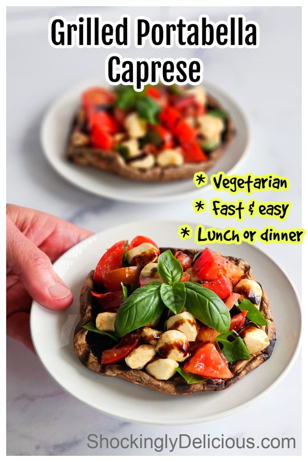 2 white plates with colorful salad on them in this Grilled Portabella Caprese Pinterest Pin