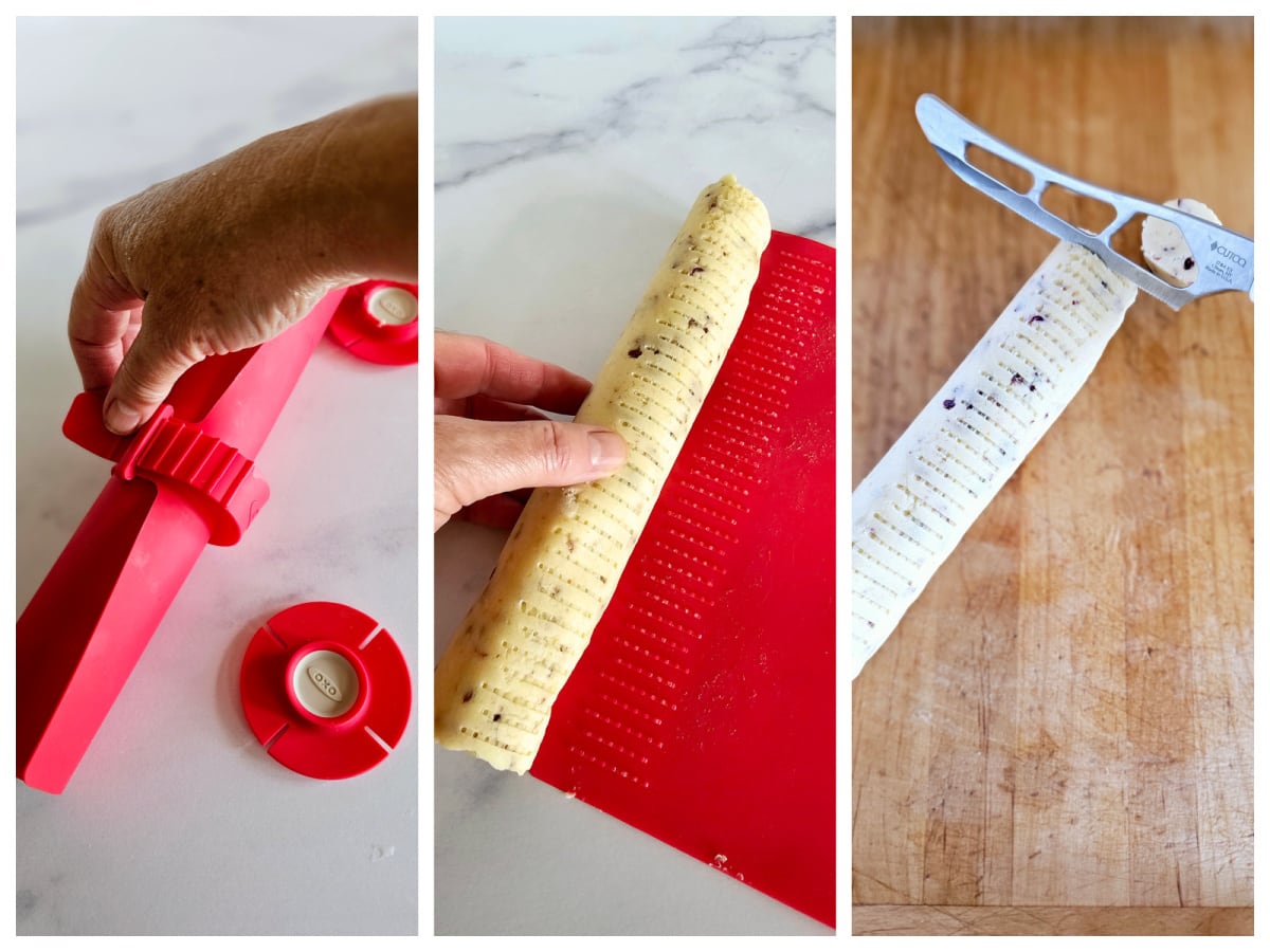 OXO slice and bake cookie roll gadget red silicon mat showing how it works