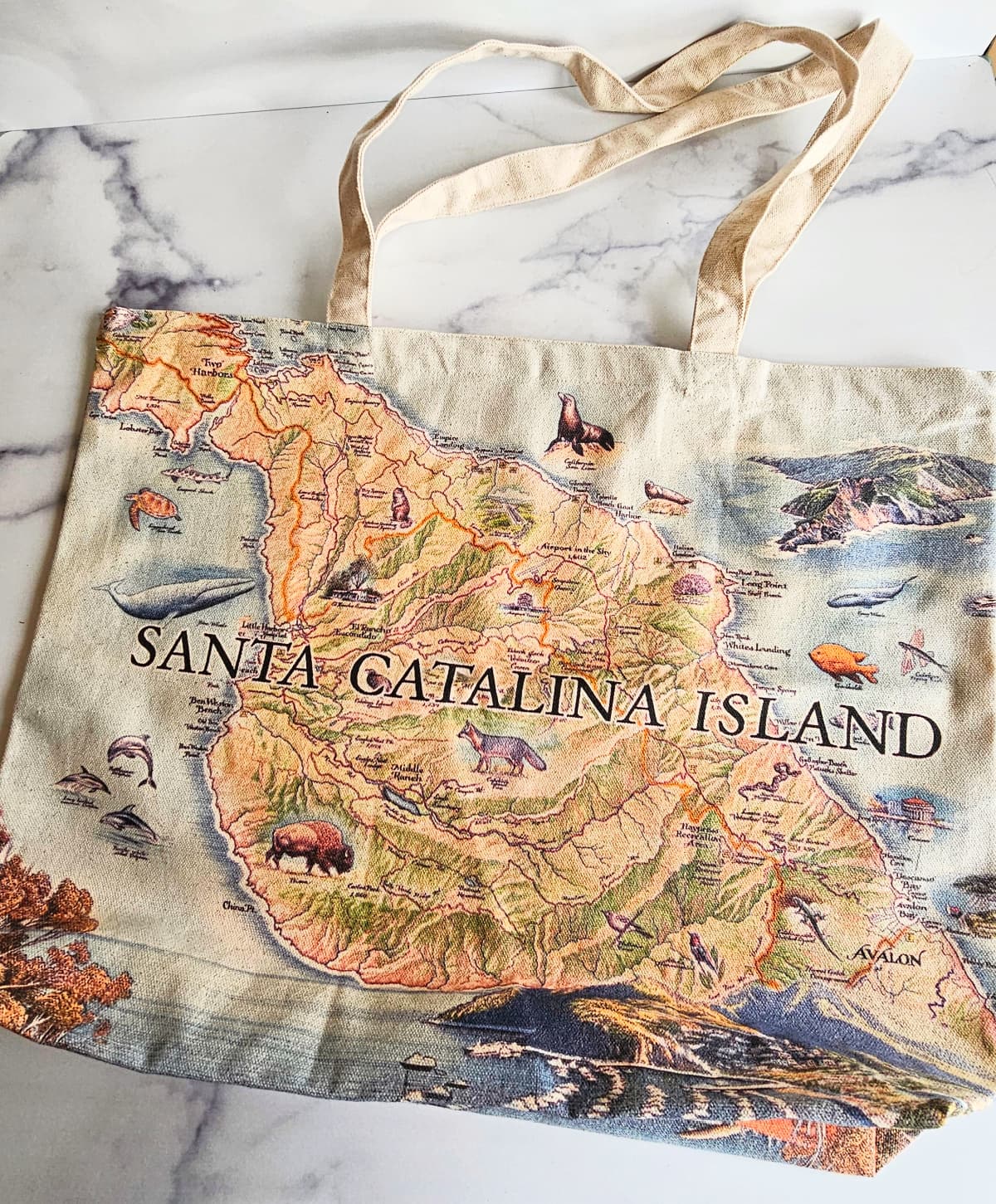 Santa Catalina Island tote bag laying flat on a marble counter top