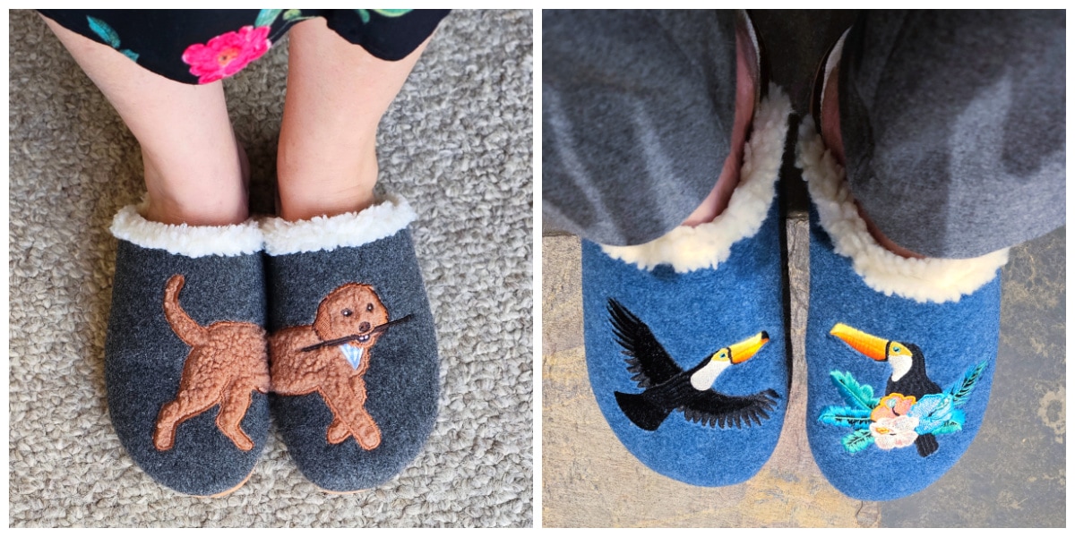 Side by side photos of 2 pairs of slippers -- brown dog on grey slippers, toucans on blue slippers