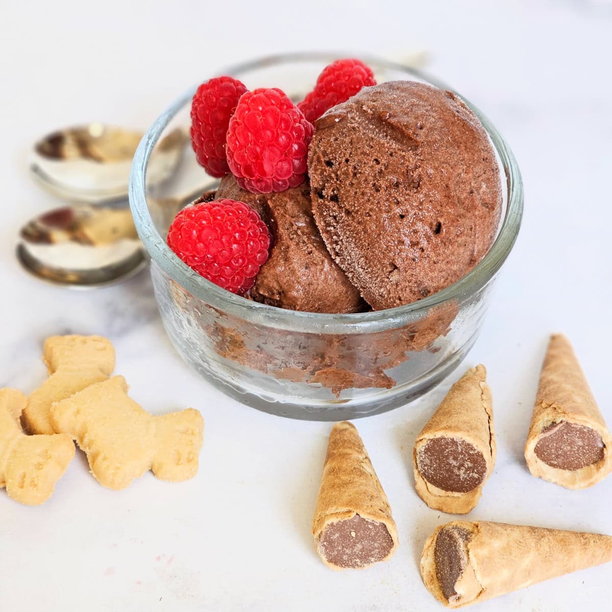 Vegan Chocolate Nice Cream in a glass bowl with raspberries on top, surrounded by spoons, and 2 kinds of cookies on a white counter