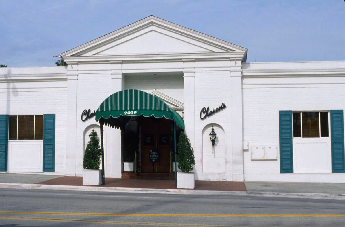 White exterior with green awnings Chasen's Restaurant circa 1980s