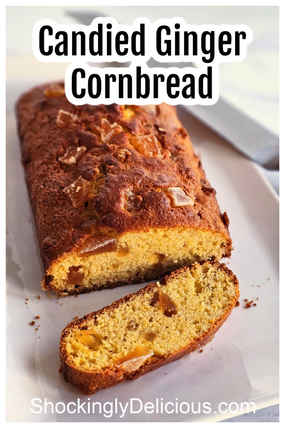 Pinterest Pin for Candied Ginger Cornbread
